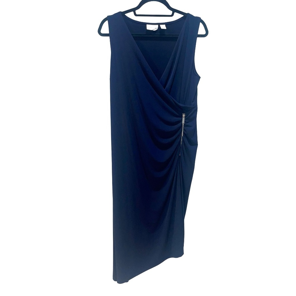 Chico's V-Neck Ruched Draped Asymmetrical Hem Side Zipper Accent Dress 2(L/12)